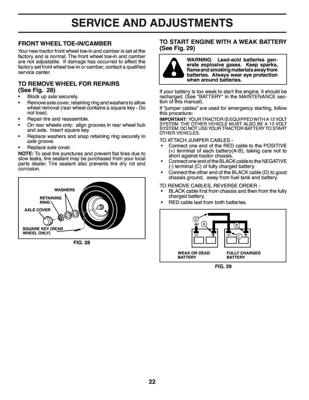 Poulan PB20H42YT manual Front Wheel Toe-In/Camber, TO REMOVE WHEEL FOR REPAIRS See Fig, Service And Adjustments 
