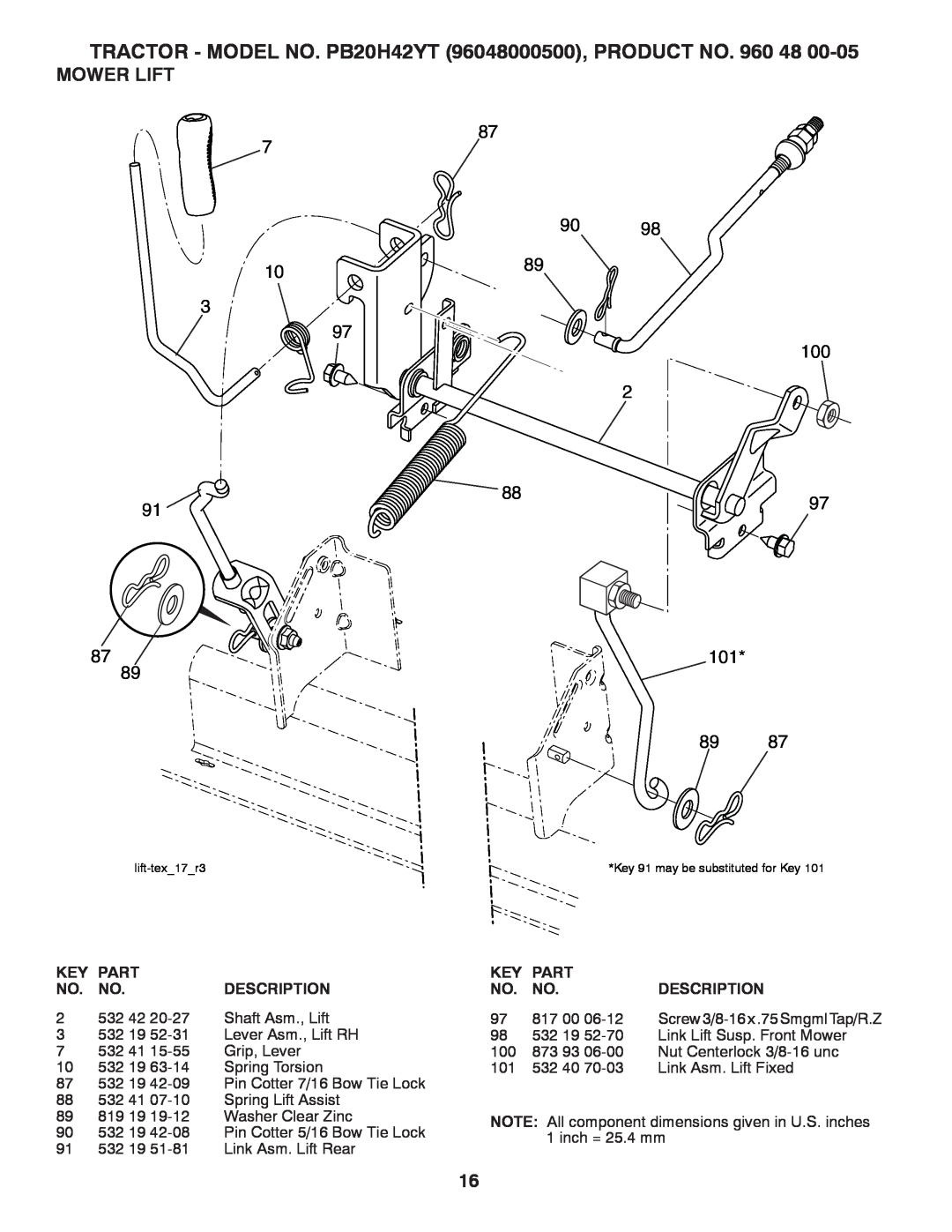 Poulan manual Mower Lift, TRACTOR - MODEL NO. PB20H42YT 96048000500, PRODUCT NO, lift-tex17r3 