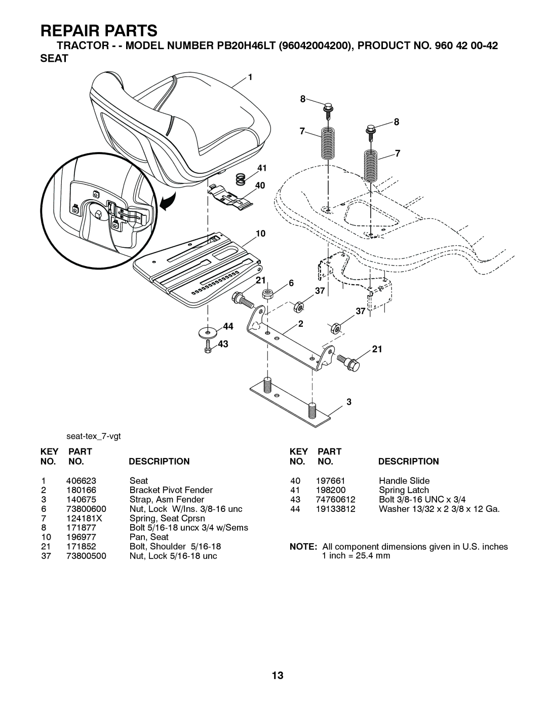 Poulan PB20H46LT manual Seat 