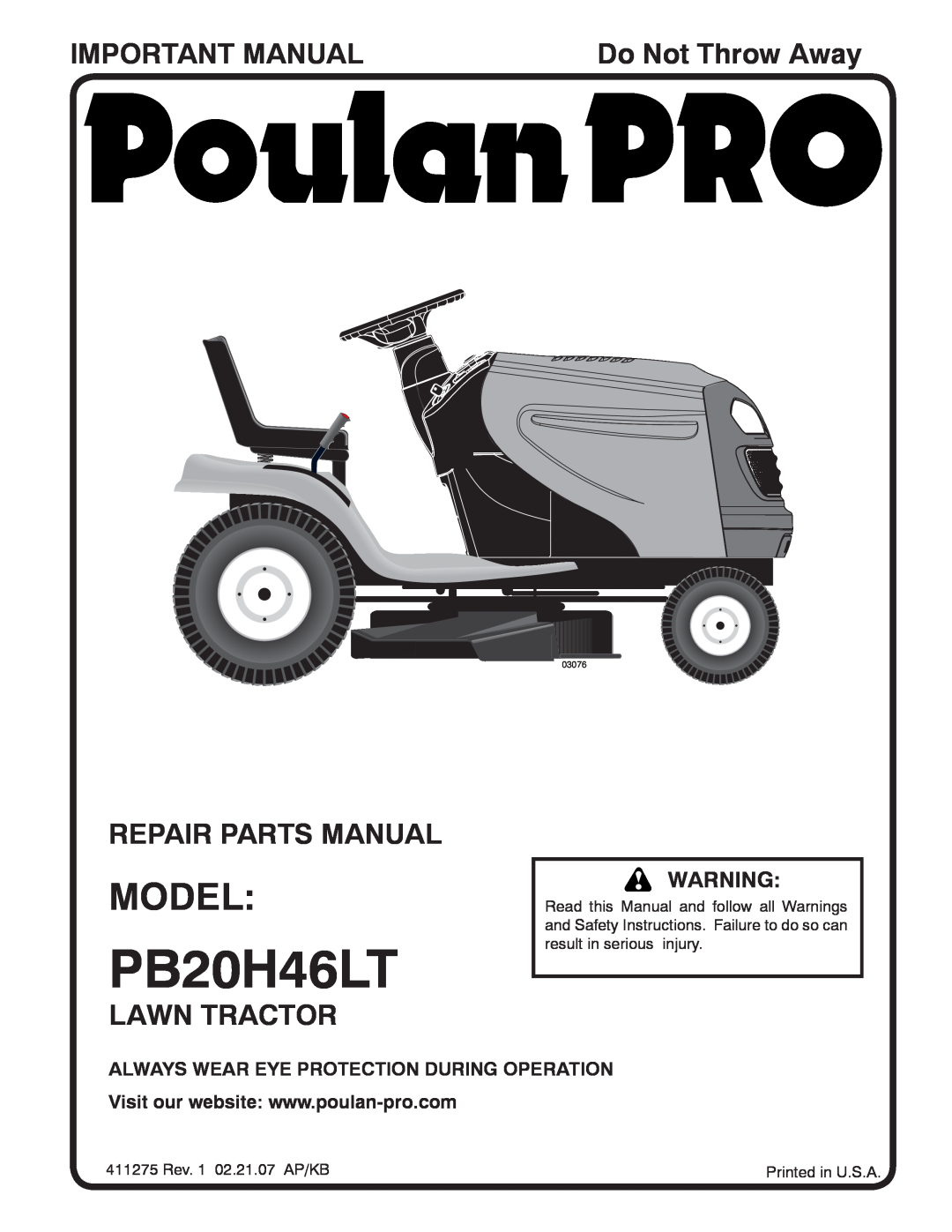 Poulan PB20H46LT manual Model, Important Manual, Repair Parts Manual, Lawn Tractor, Do Not Throw Away 