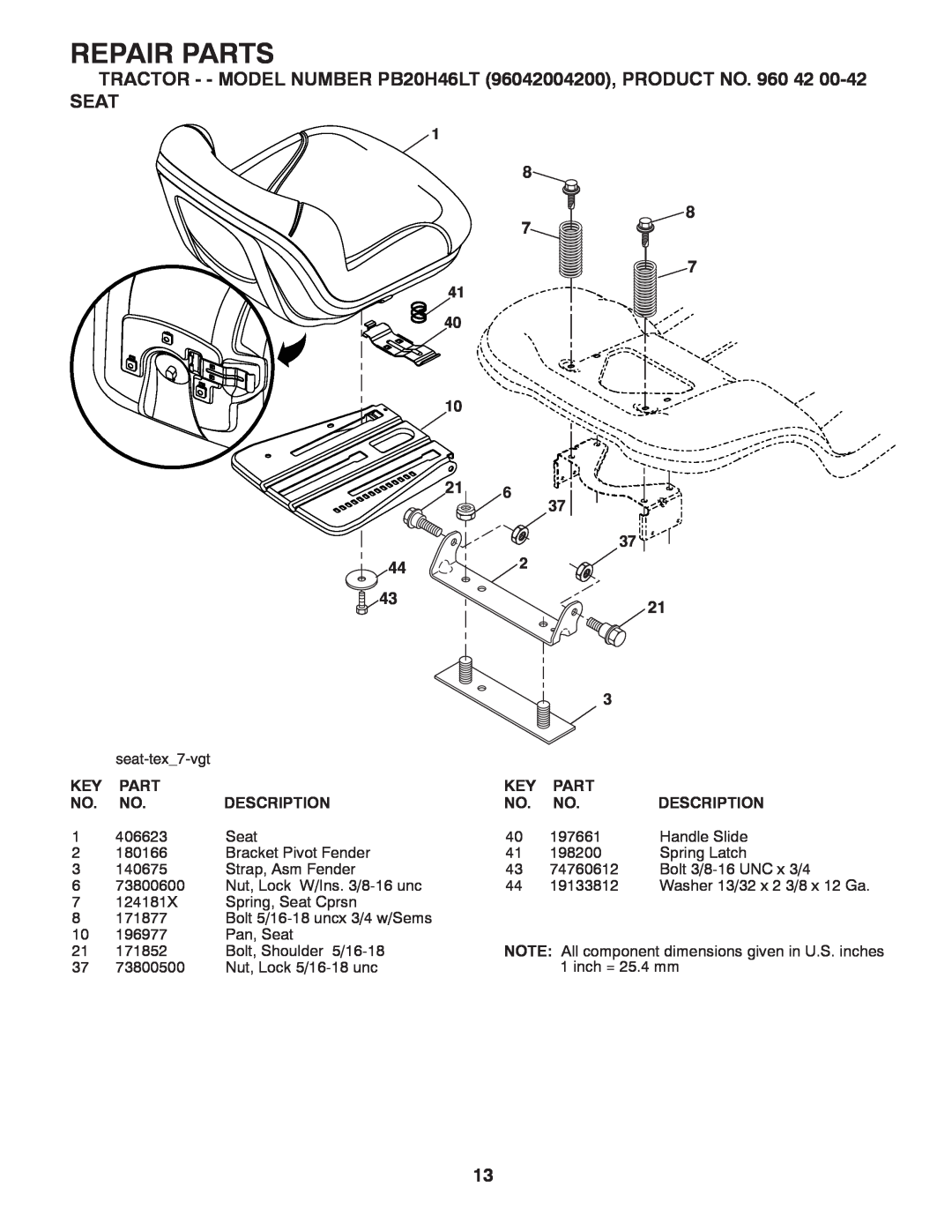Poulan manual Seat, Repair Parts, TRACTOR - - MODEL NUMBER PB20H46LT 96042004200, PRODUCT NO. 960 42, Description 