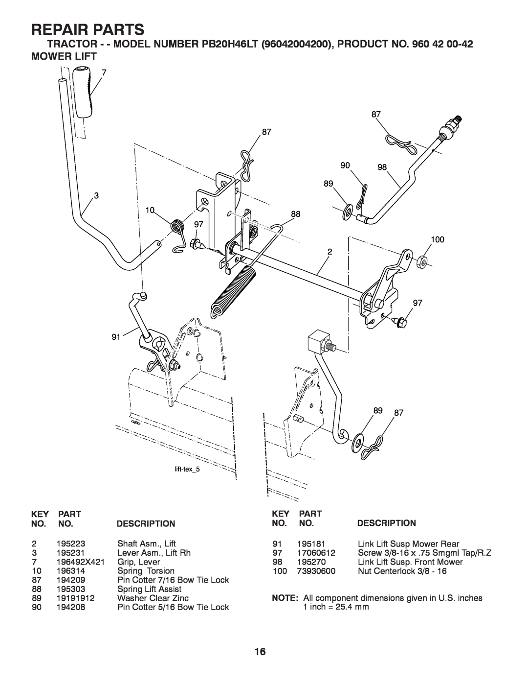 Poulan manual Mower Lift, Repair Parts, TRACTOR - - MODEL NUMBER PB20H46LT 96042004200, PRODUCT NO. 960, Description 