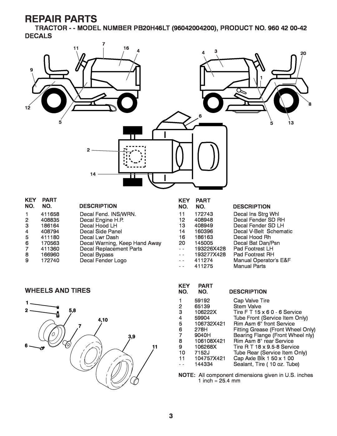 Poulan manual Decals, Wheels And Tires, Repair Parts, TRACTOR - - MODEL NUMBER PB20H46LT 96042004200, PRODUCT NO. 960 