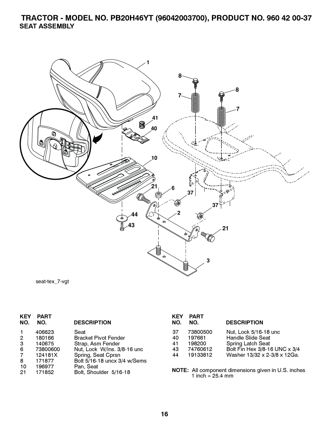 Poulan PB20H46YT manual Seat Assembly 