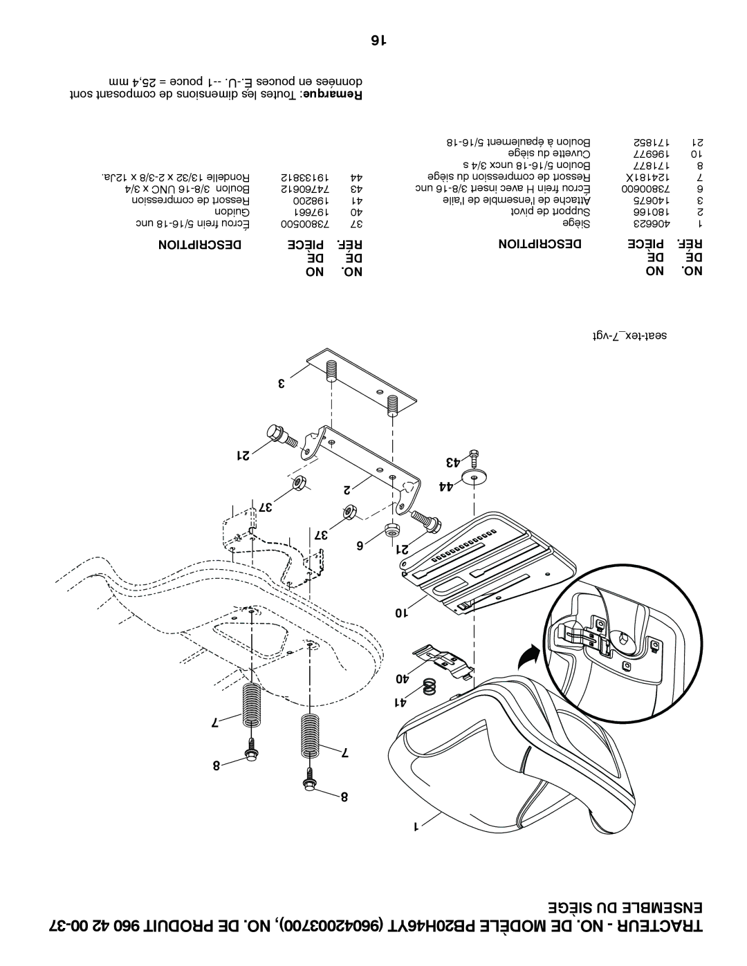 Poulan PB20H46YT manual Siège DU Ensemble 