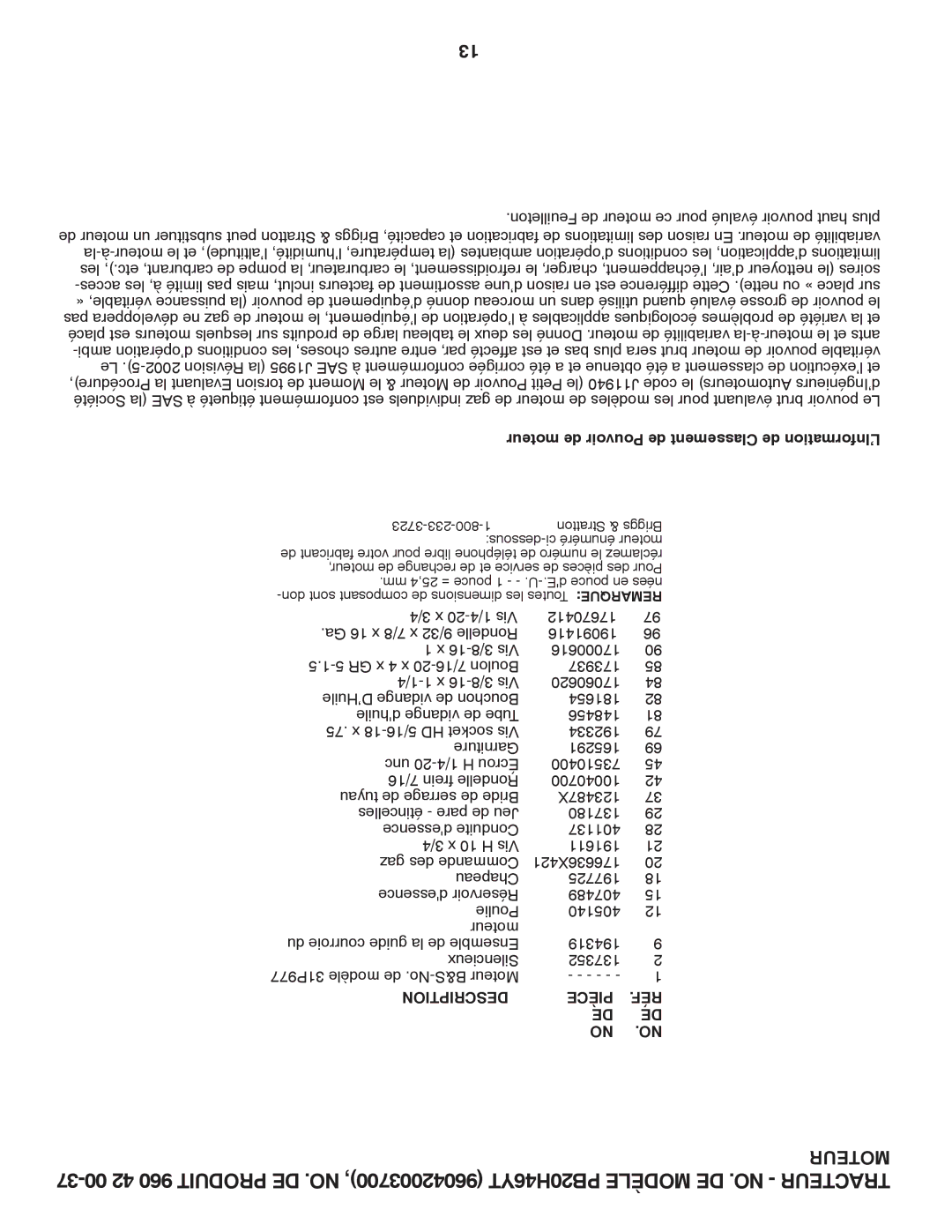 Poulan PB20H46YT manual Moteur de Pouvoir de Classement de L’Information 