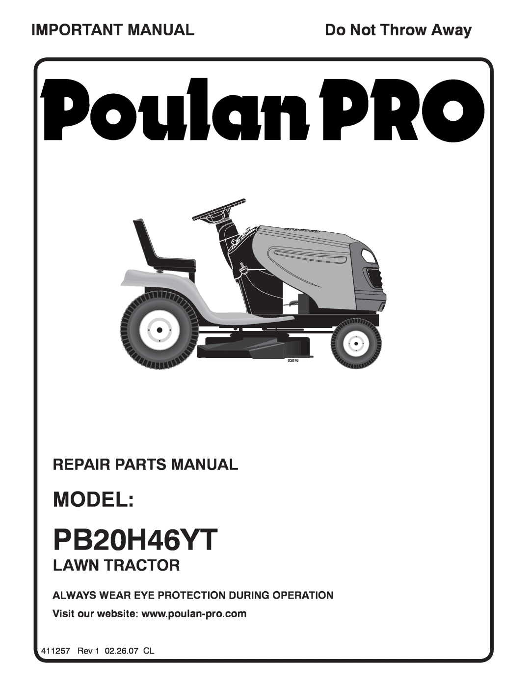 Poulan PB20H46YT manual Model, Important Manual, Repair Parts Manual, Lawn Tractor, Do Not Throw Away 