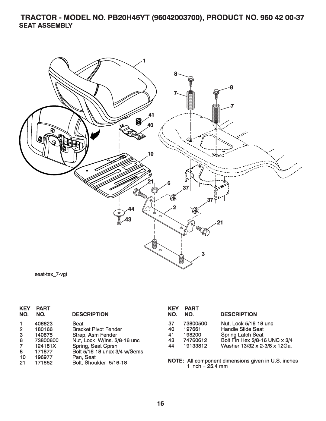Poulan manual Seat Assembly, TRACTOR - MODEL NO. PB20H46YT 96042003700, PRODUCT NO. 960 42, Part, Description 