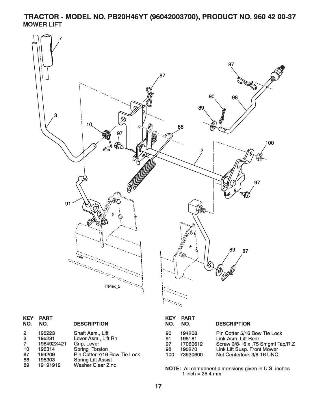 Poulan manual Mower Lift, 9098, TRACTOR - MODEL NO. PB20H46YT 96042003700, PRODUCT NO. 960 42, Part, Description 