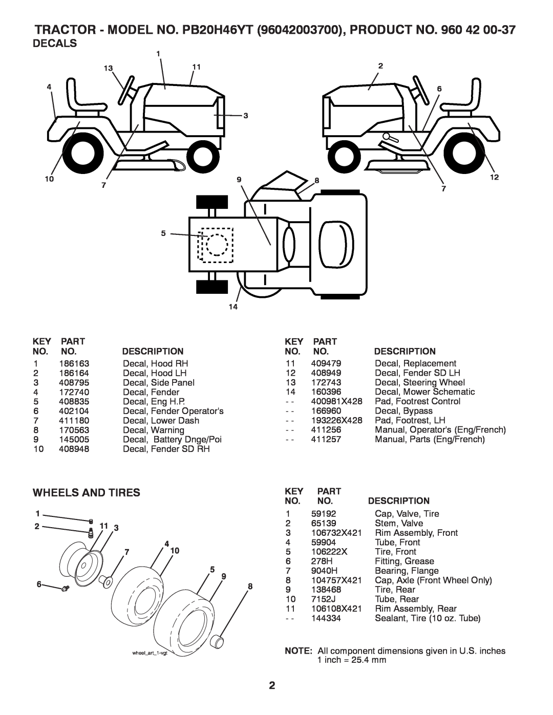 Poulan manual TRACTOR - MODEL NO. PB20H46YT 96042003700, PRODUCT NO, Decals, Wheels And Tires, Part, Description 