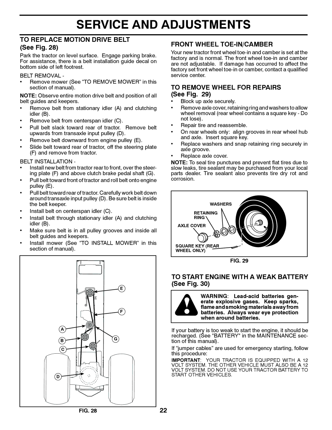 Poulan PB22H46YT To Replace Motion Drive Belt See Fig, Front Wheel TOE-IN/CAMBER, To Remove Wheel for Repairs See Fig 