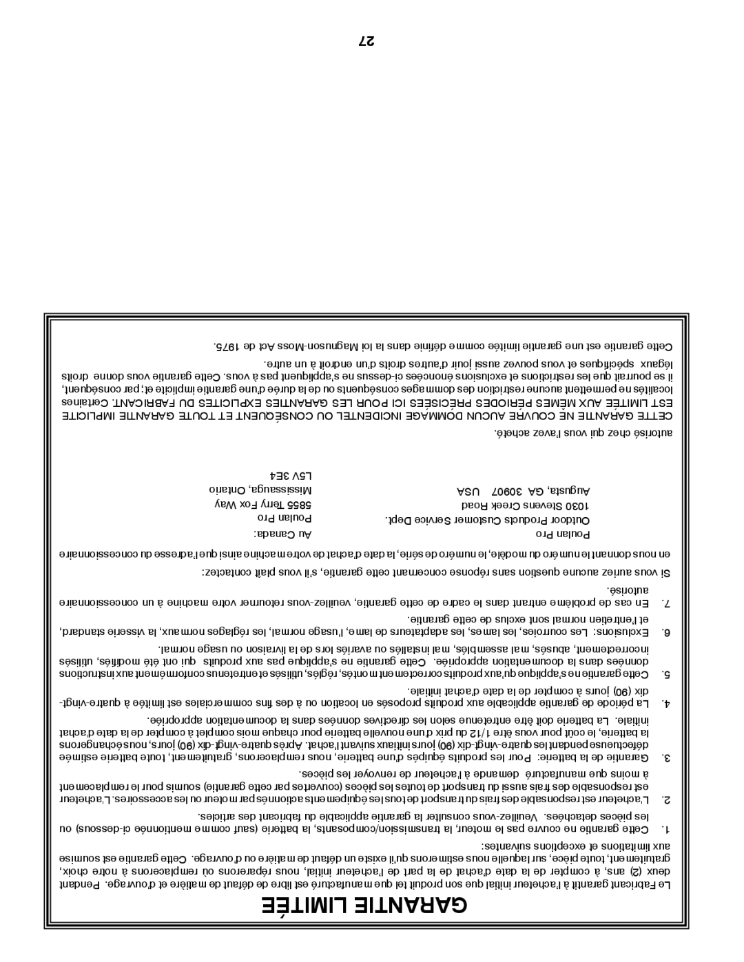 Poulan PB22H46YT manual Autorisé, Garantie cette de exclus sont normal l’entretien et 