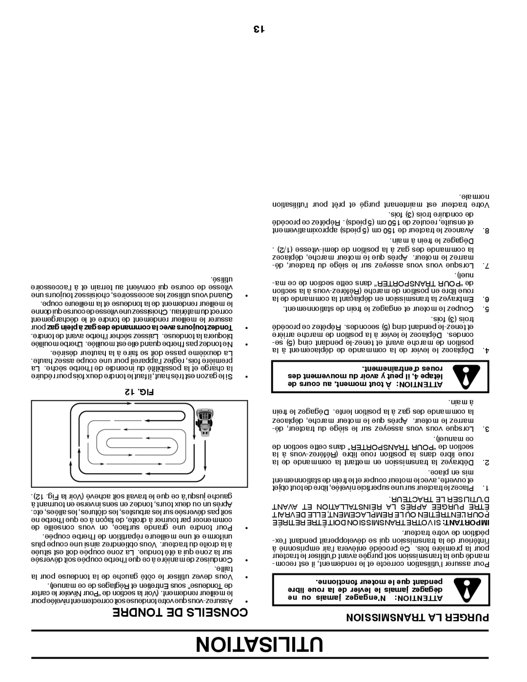 Poulan PB22H46YT manual Utilisation, Transmission LA Purger, 12 .FIG, Tracteur LE D’UTILISER 