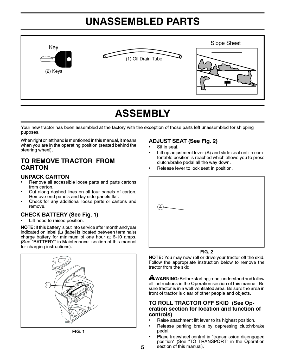 Poulan PB22H46YT manual Unassembled Parts, Assembly, To Remove Tractor from Carton, Unpack Carton 