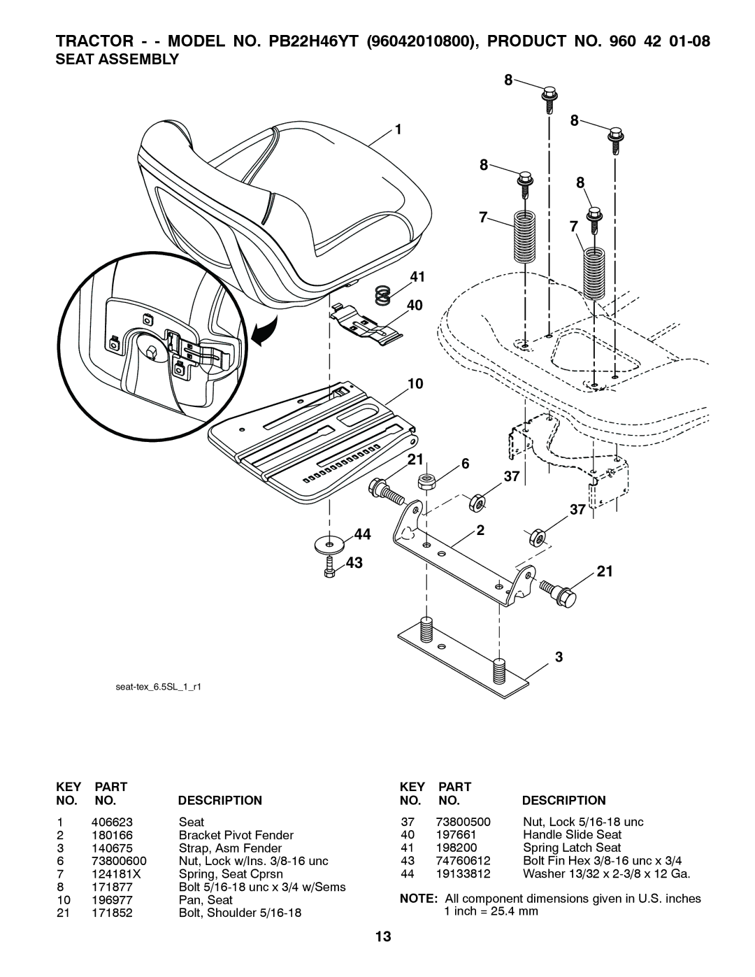 Poulan PB22H46YT manual Seat Assembly 