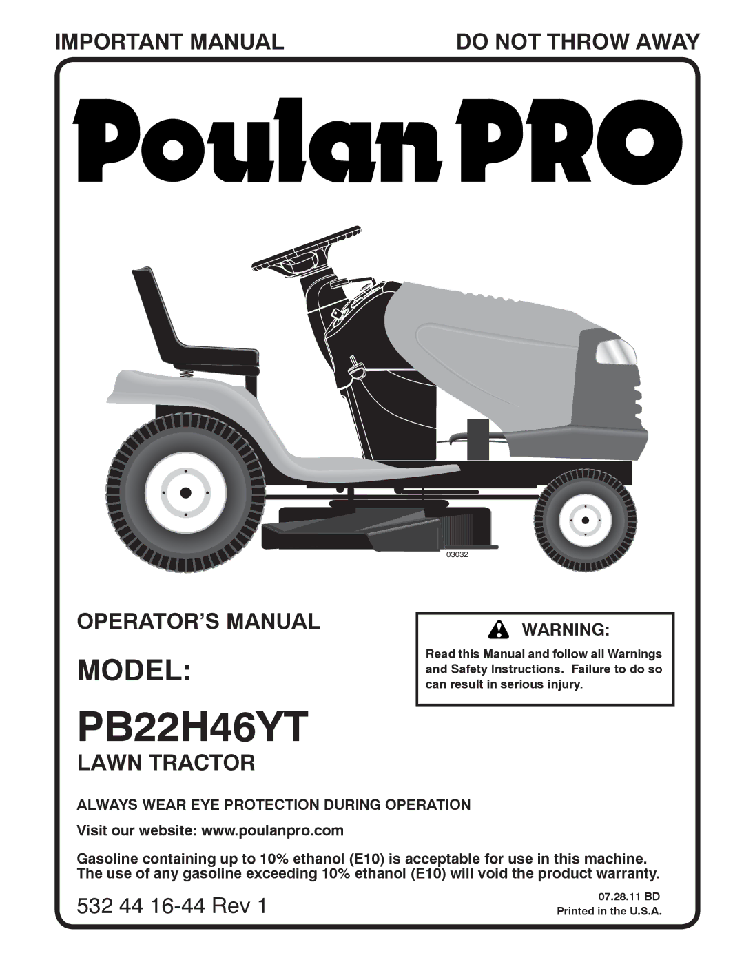 Poulan PB22H46YT warranty Always Wear EYE Protection During Operation 