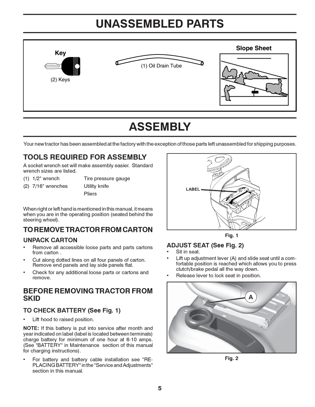 Poulan PB22H46YT warranty Unassembled Parts, Tools Required for Assembly, Toremovetractorfromcarton 