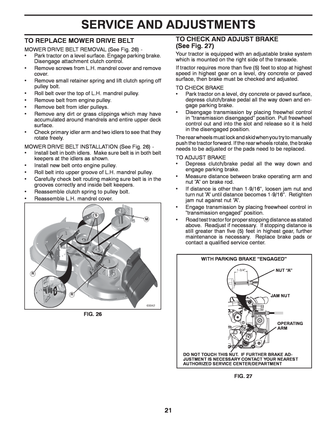 Poulan PB22H46YT manual To Replace Mower Drive Belt, TO CHECK AND ADJUST BRAKE See Fig, Service And Adjustments 