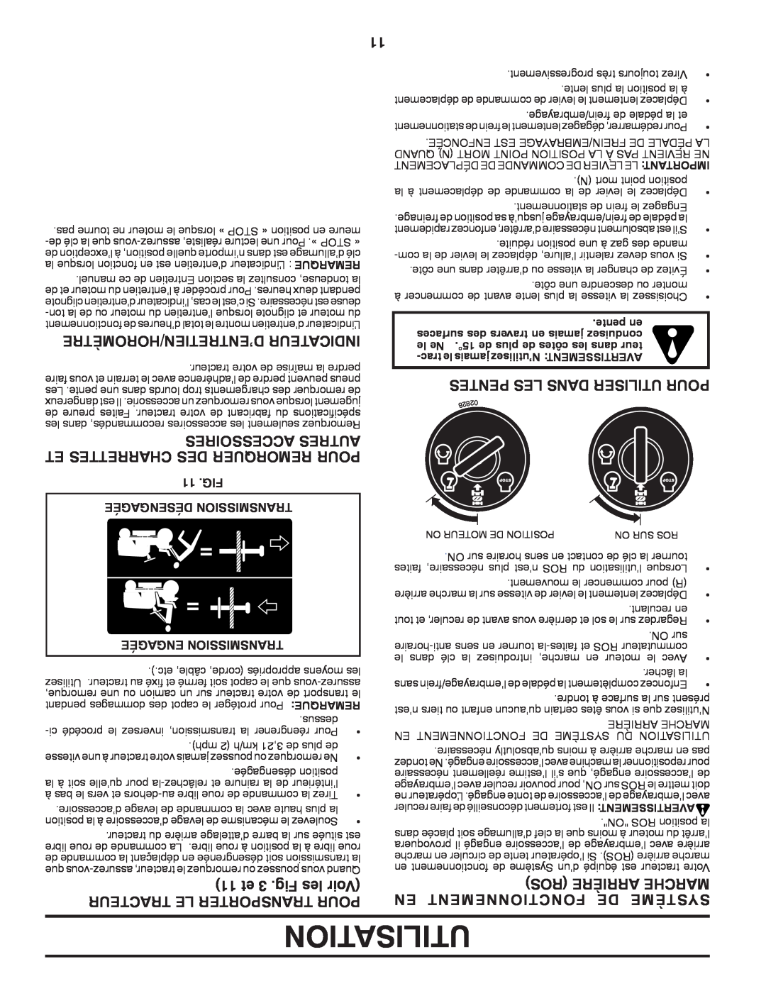Poulan PB22H46YT manual D’Entretien/Horomètre Indicateur, 11 et 3 .Fig les Voir, Pentes Les Dans Utiliser Pour, Utilisation 