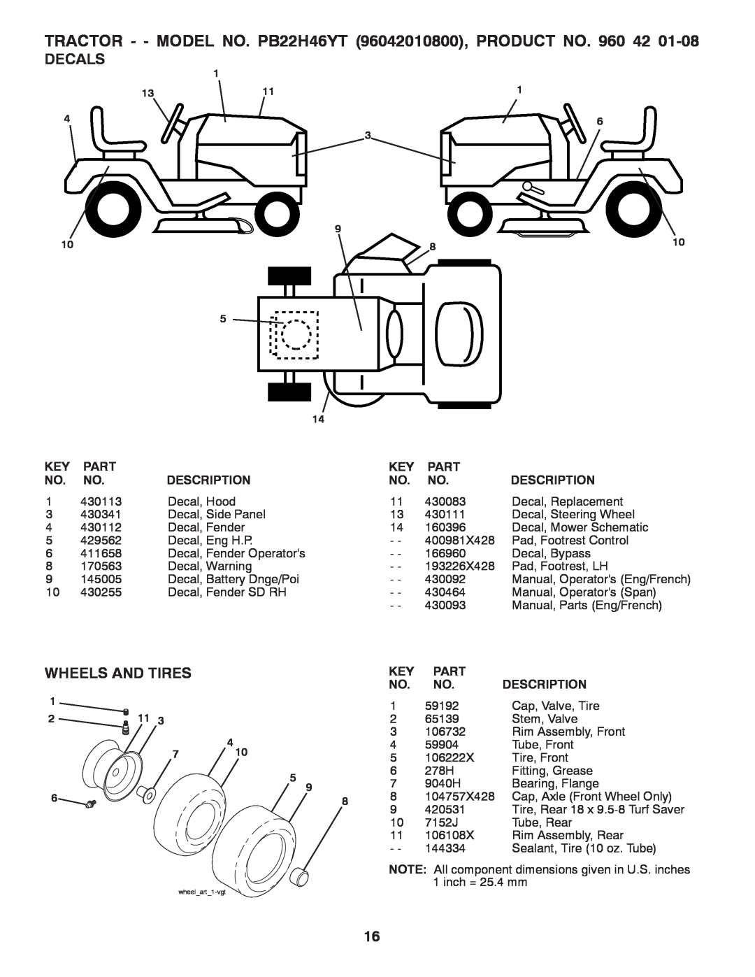 Poulan manual Decals, Wheels And Tires, TRACTOR - - MODEL NO. PB22H46YT 96042010800, PRODUCT NO. 960, wheelart1-vgt 