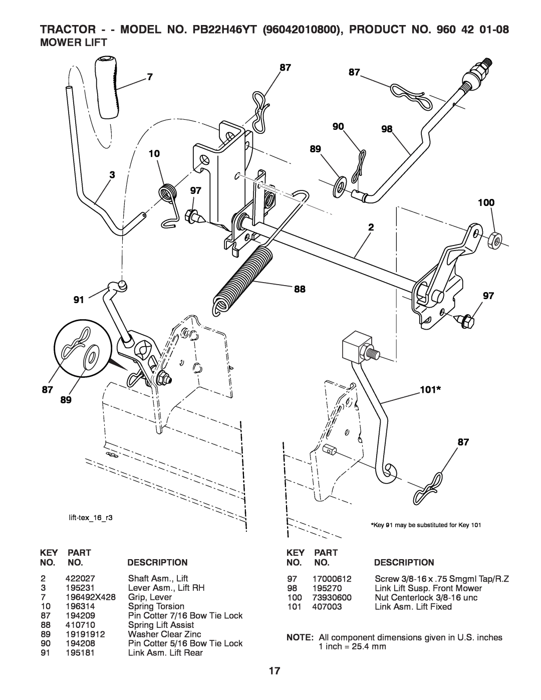 Poulan manual Mower Lift, TRACTOR - - MODEL NO. PB22H46YT 96042010800, PRODUCT NO. 960, 8787, lift-tex16r3 