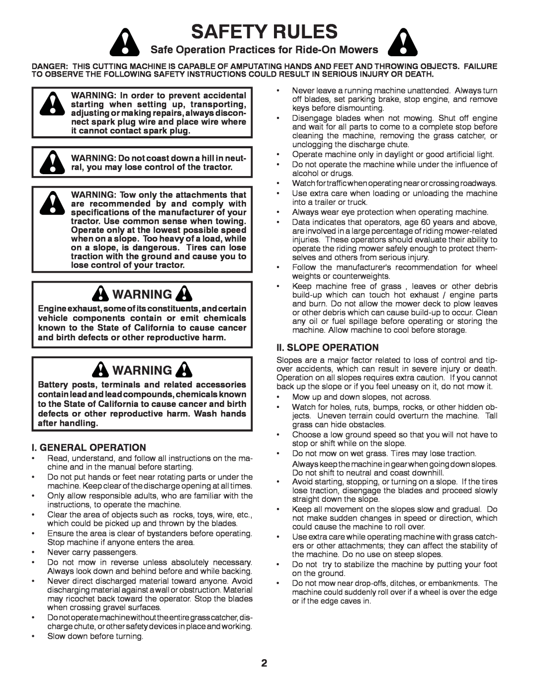Poulan PB22H46YT warranty Safety Rules, Safe Operation Practices for Ride-OnMowers 