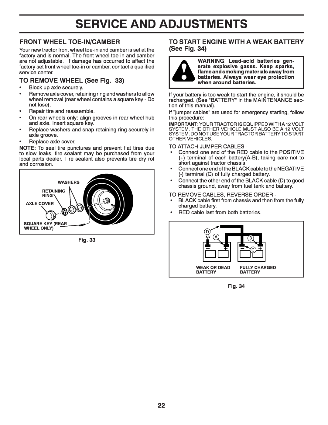 Poulan PB22H46YT warranty Service And Adjustments, Front Wheel Toe-In/Camber, TO REMOVE WHEEL See Fig 