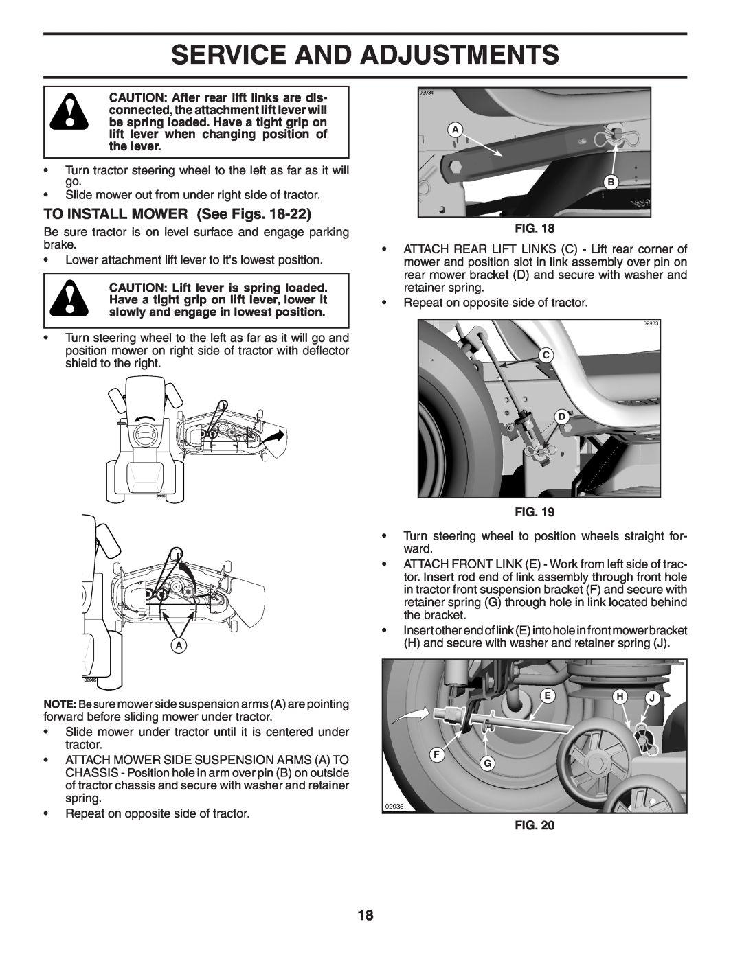 Poulan PB22H48YT manual TO INSTALL MOWER See Figs, Service And Adjustments 
