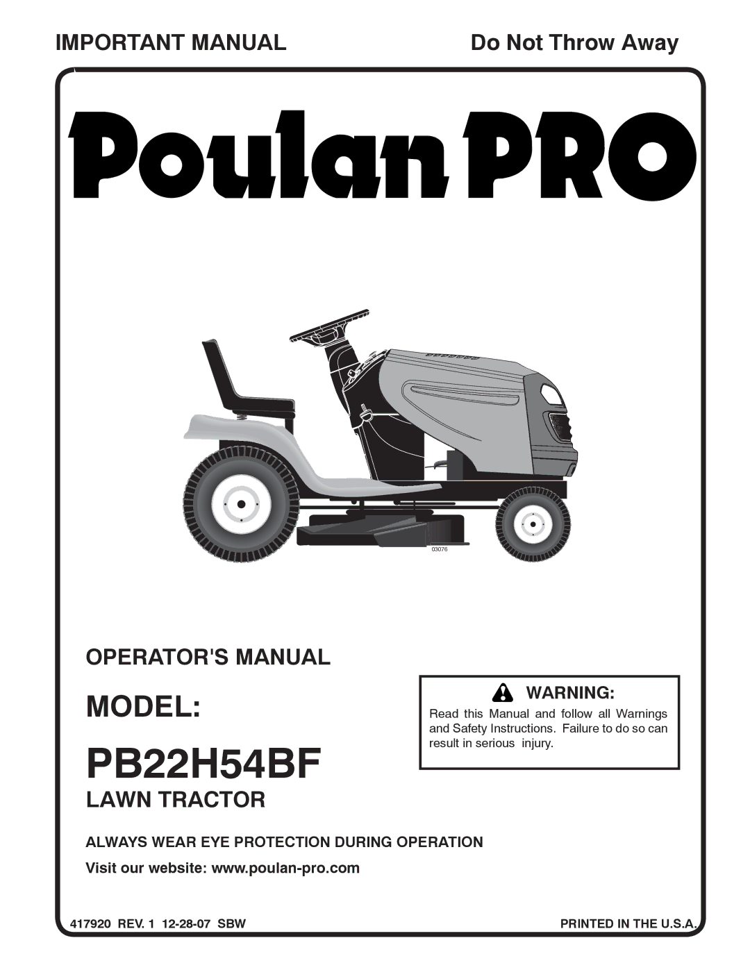 Poulan PB22H54BF manual Model, REV 12-28-07 SBW 