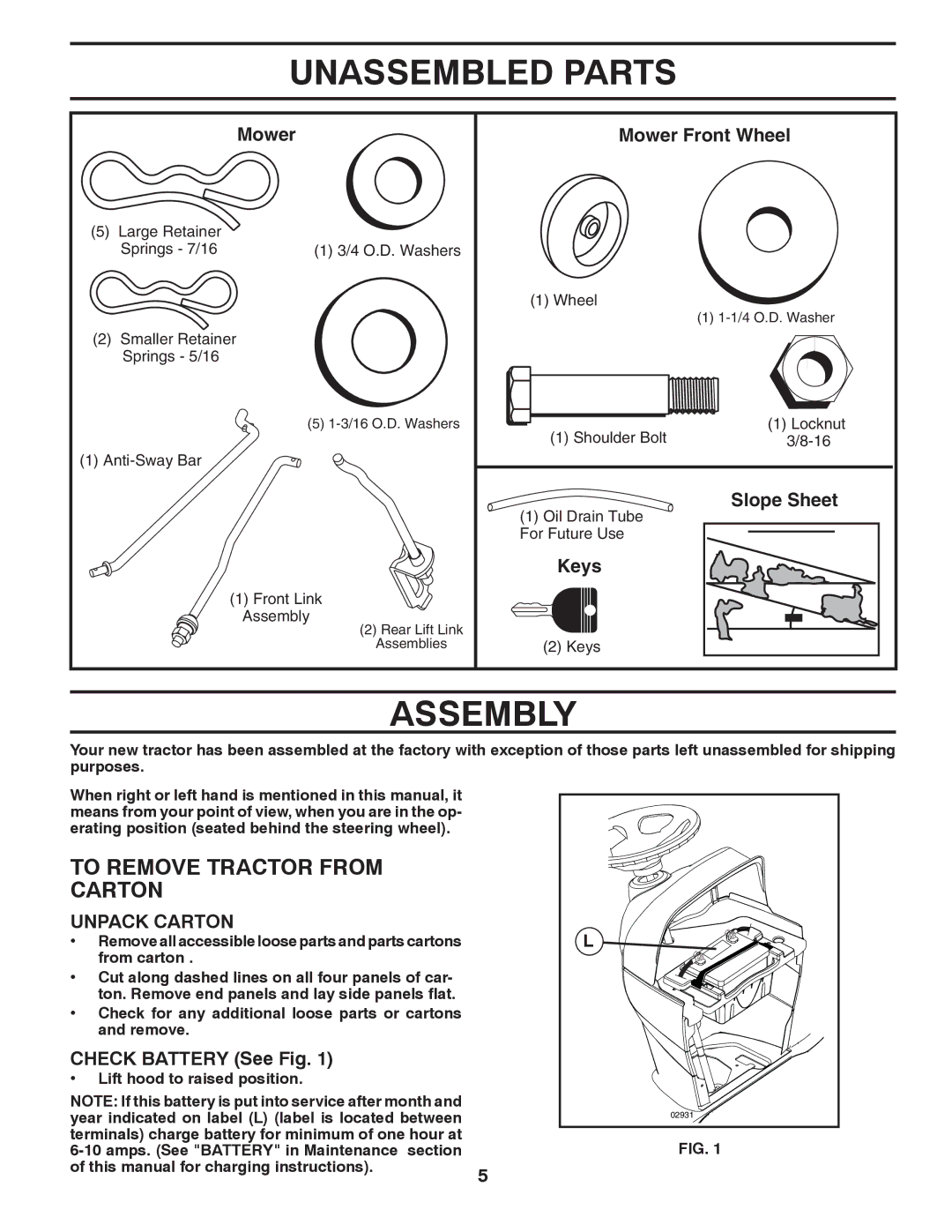 Poulan PB22H54BF manual To Remove Tractor from Carton, Unpack Carton 