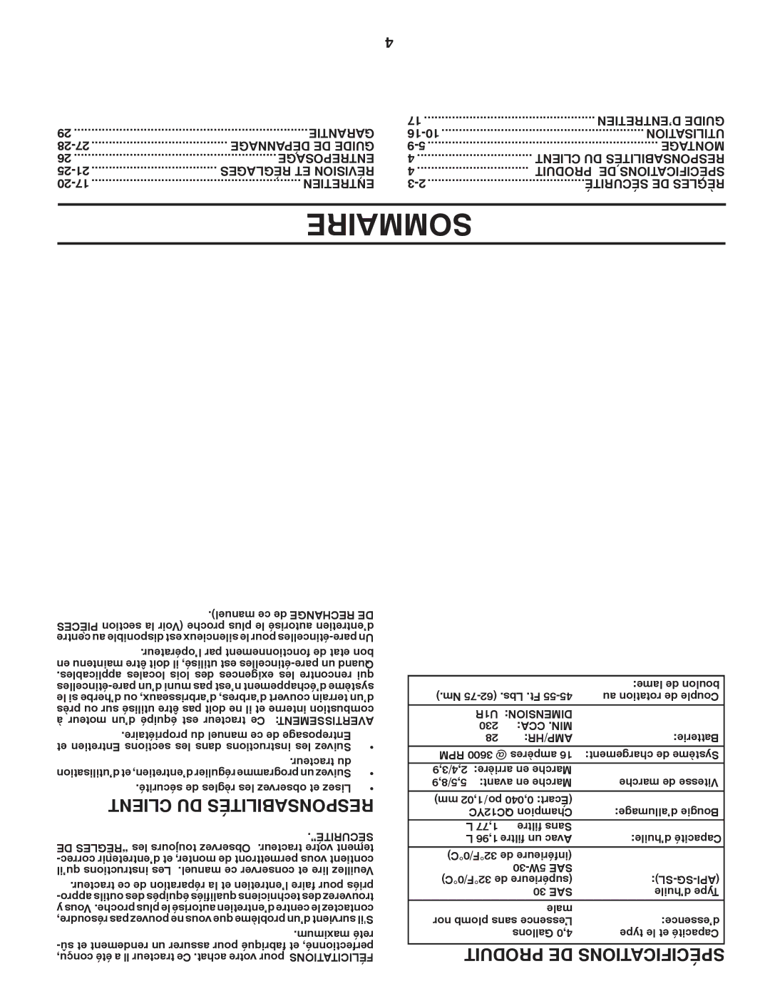 Poulan PB22H54BF manual Sommaire, Garantie ’ENTRETIEN Guide, Utilisation, Réglages ET Révision Produit DE Spécifications 