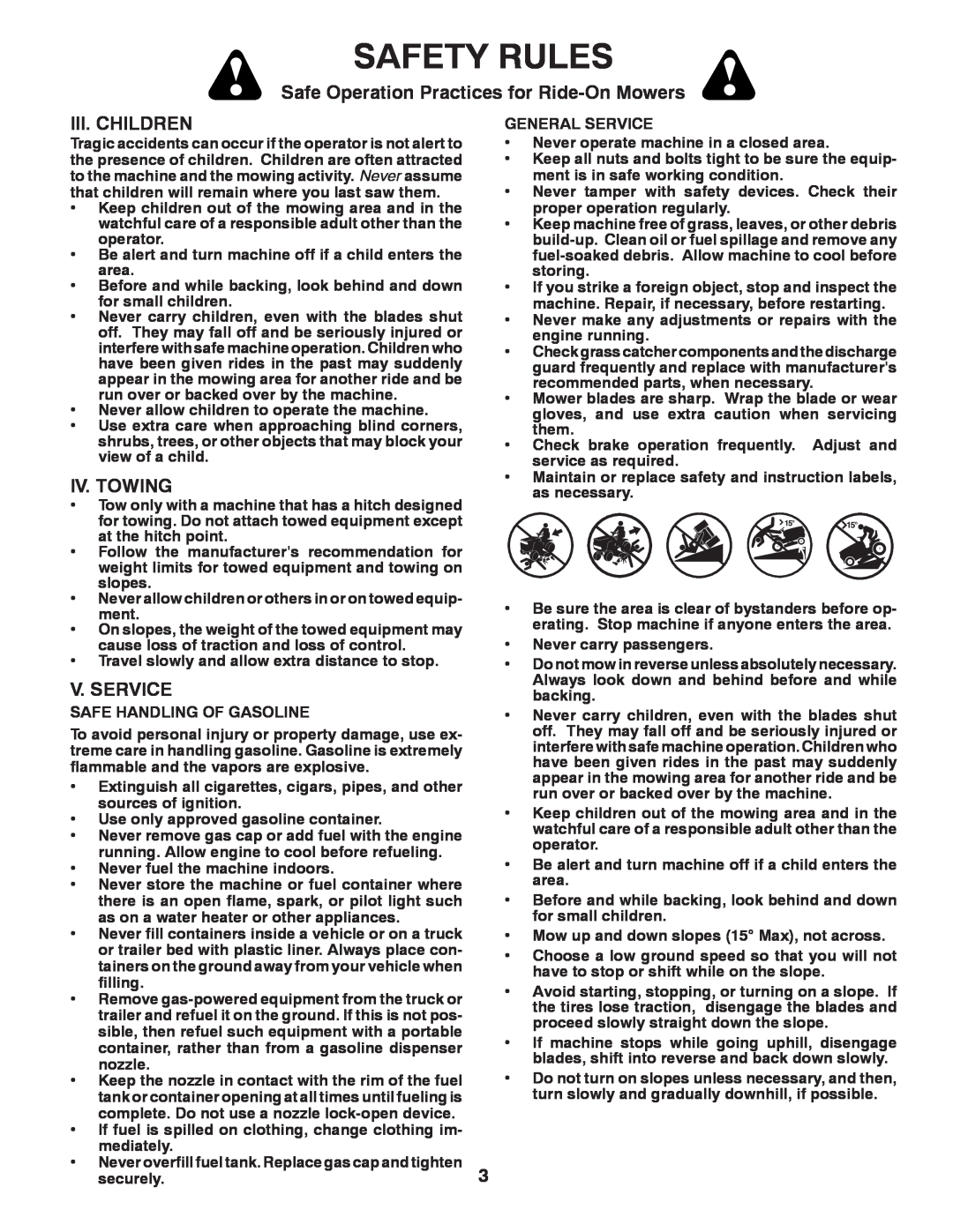 Poulan PB22H54BF manual Iii. Children, Iv. Towing, V. Service, Safety Rules, Safe Operation Practices for Ride-On Mowers 