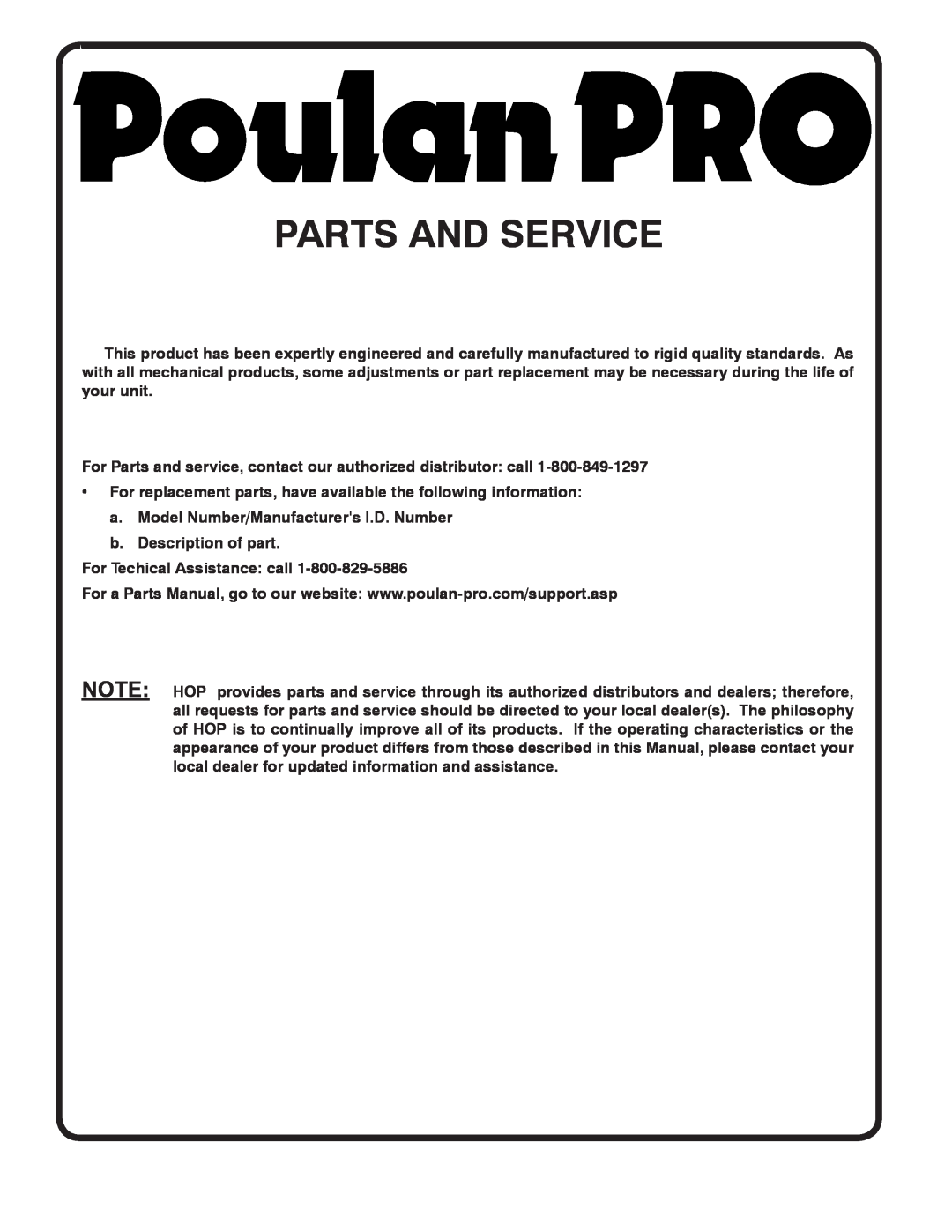 Poulan PB22H54BF manual Parts And Service 