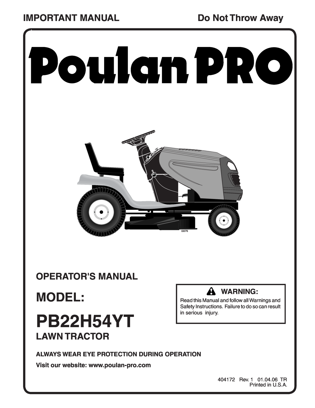 Poulan PB22H54YT manual Model, Important Manual, Operators Manual, Lawn Tractor, Do Not Throw Away, 03076 