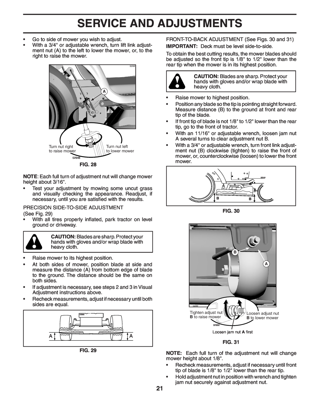 Poulan PB22H54YT manual Service And Adjustments, Turn nut right, Turn nut left, to raise mower, Tighten adjust nut 