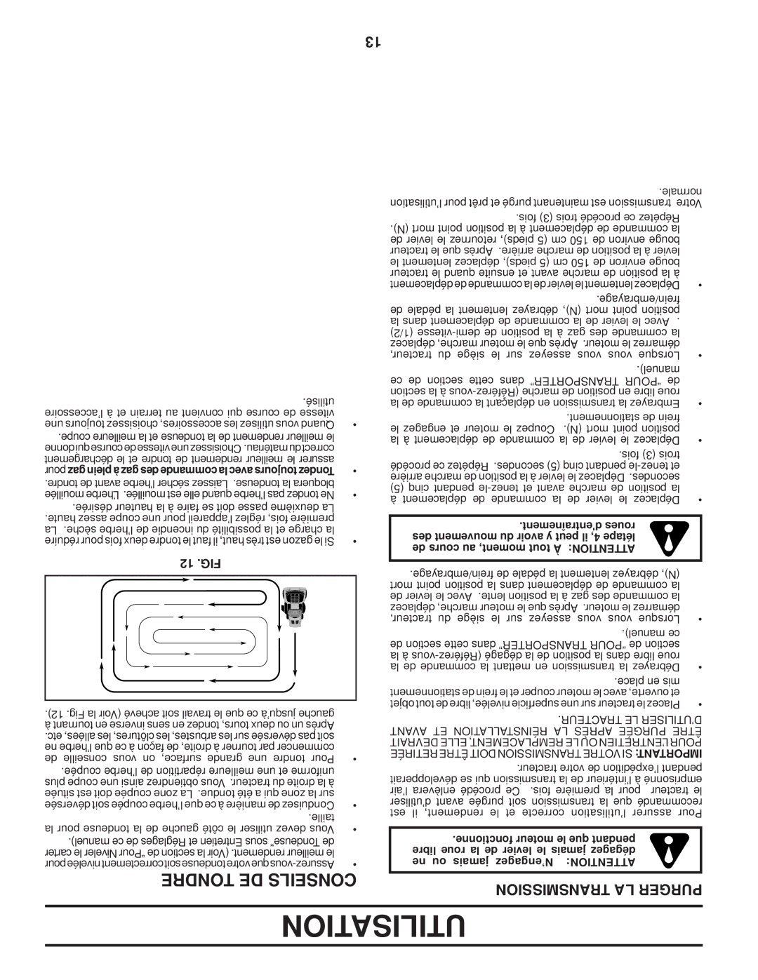 Poulan PB22TH42YT manual Utilisation, Transmission LA Purger, 12 .FIG, Tracteur LE D’UTILISER 