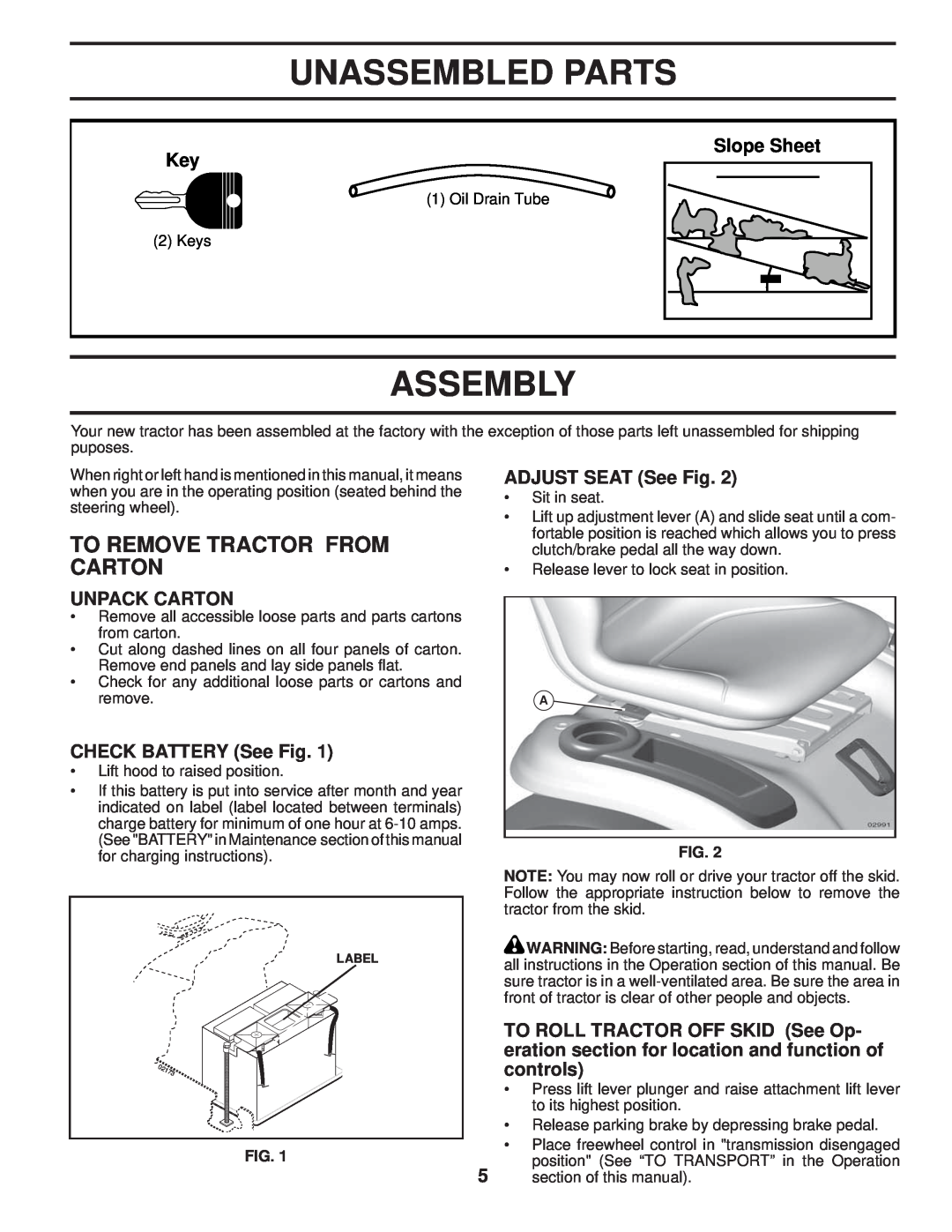 Poulan PB22TH42YT manual Unassembled Parts, Assembly, To Remove Tractor From Carton, Slope Sheet Key, Unpack Carton 