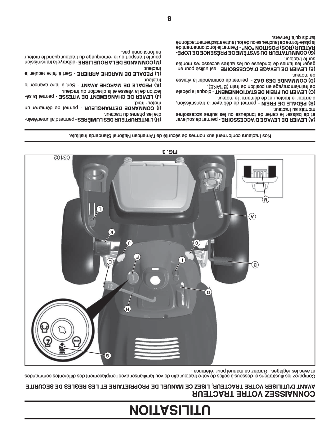 Poulan PB22TH42YT manual Utilisation, 3 .FIG, tracteur le reculer faire à Sert - ARRIERE MARCHE DE PEDALE L 