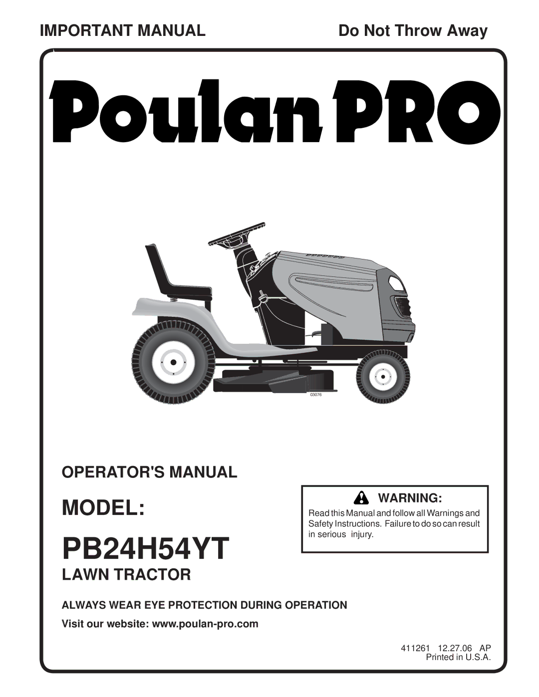 Poulan PB24H54YT manual Model 