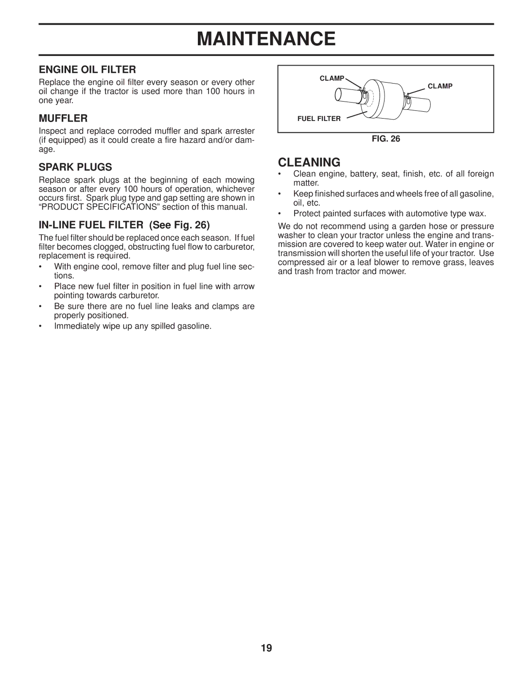 Poulan PB24H54YT manual Cleaning, Engine OIL Filter, Muffler, Spark Plugs, IN-LINE Fuel Filter See Fig 