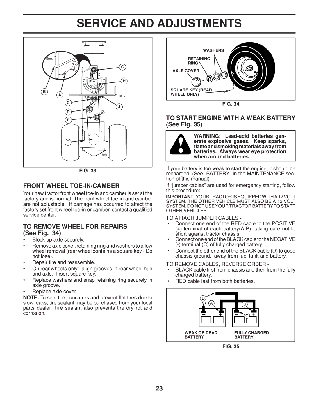 Poulan PB24H54YT manual Front Wheel TOE-IN/CAMBER, To Remove Wheel for Repairs See Fig, To Attach Jumper Cables 