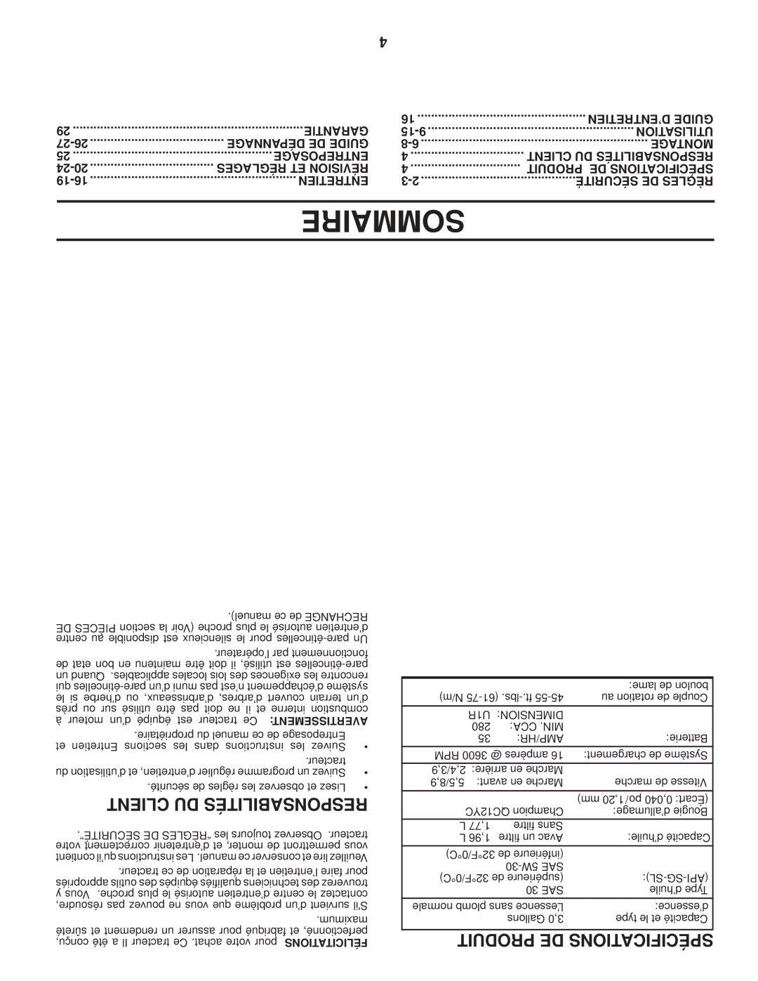 Poulan PB24H54YT manual Sommaire, U1R Dimension, Cca .Min Amp/Hr, Sl-Sg-Api 