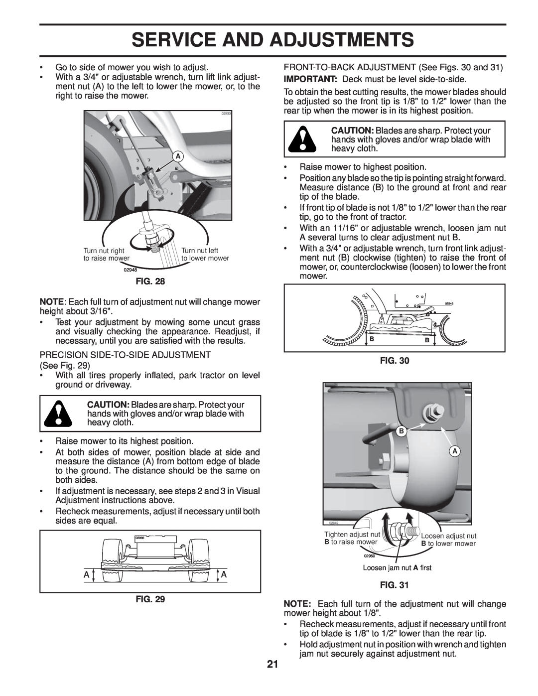 Poulan PB24H54YT manual Service And Adjustments, Turn nut right, Turn nut left, to raise mower, Tighten adjust nut 