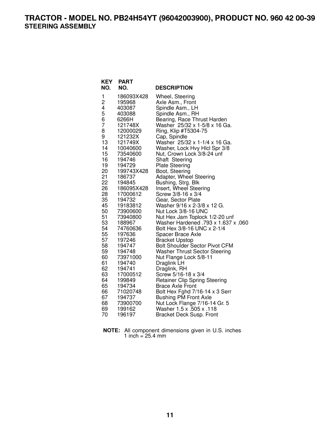 Poulan PB24TH54YT manual Tractor Model NO. PB24H54YT 96042003900, Product no 42 