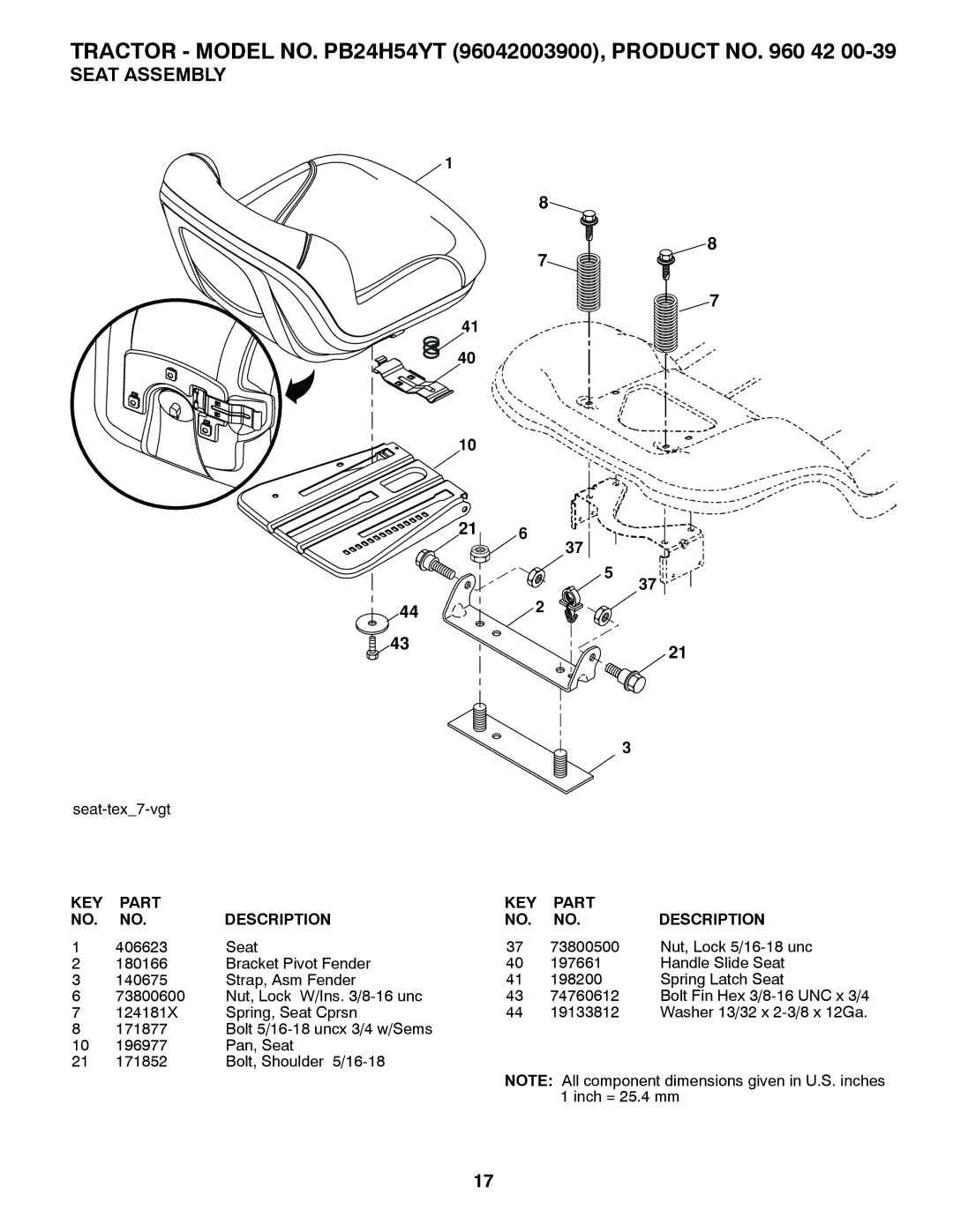 Poulan PB24TH54YT manual Seat Assembly 