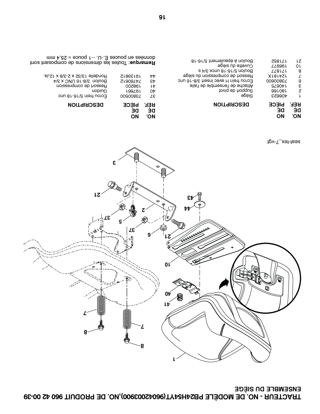 Poulan PB24TH54YT manual Siège DU Ensemble 