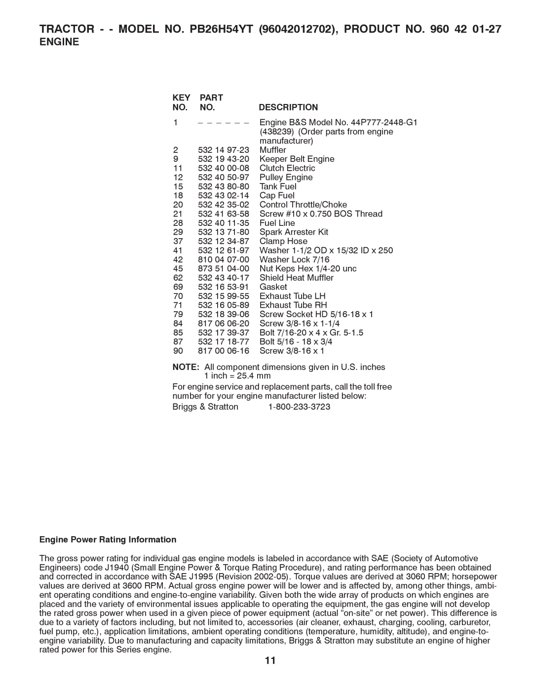 Poulan PB26H5YT manual Engine Power Rating Information 