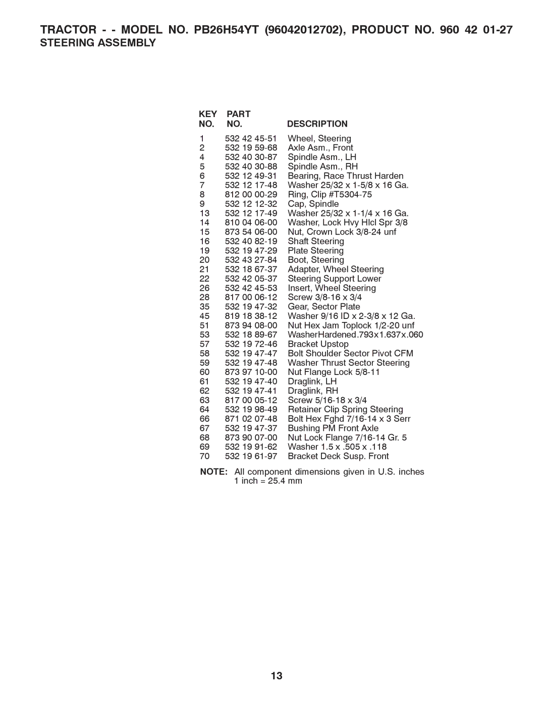 Poulan PB26H5YT manual Tractor - Model NO. PB26H54YT 96042012702, Product no 42 