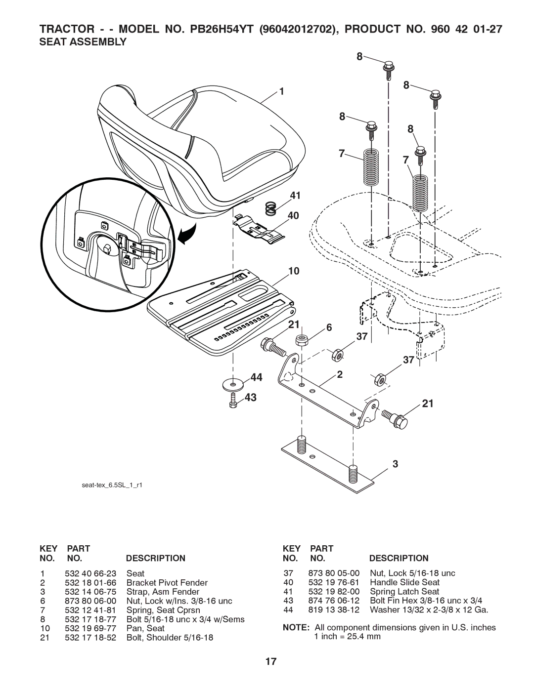 Poulan PB26H5YT manual Seat Assembly, 532 40 Seat 