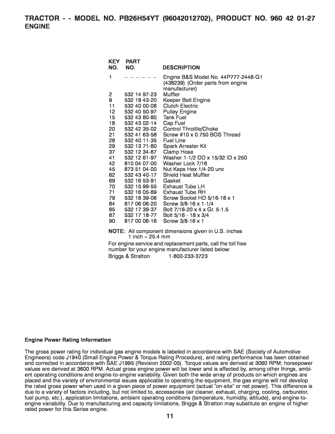Poulan PB26H5YT manual Part, Description, Engine Power Rating Information 